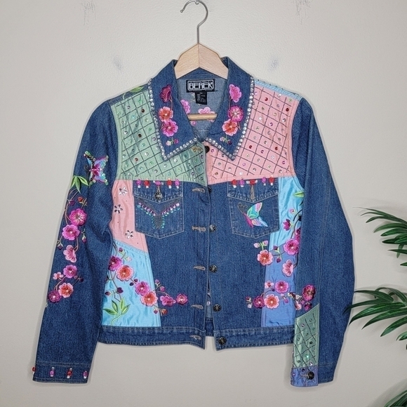 90s 00s Vintage Berek | Floral Butterfly Embroidered Sequin Beaded Jean Jacket - Picture 1 of 13